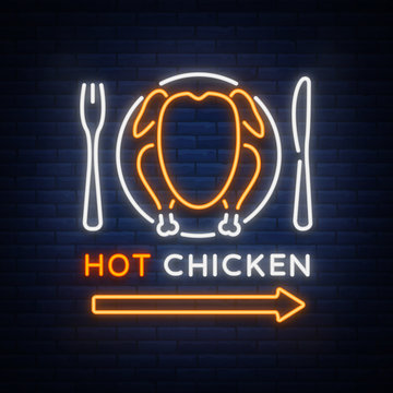 Logo Chicken Barbecue is a neon-style logo for a food store and a restaurant. Neon sign, night bright advertising chicken grill. Vector illustration