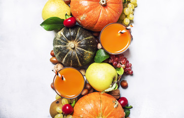 Pumpkin juice, autumn harvest of fruits and vegetables, thanksgiving concept, top view