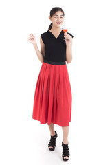 Beautiful Asian Woman holding cocktail drink with Happy Emotion. People Lifestyle Concept. Isolated on White background.