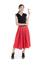 Beautiful Asian Woman holding cocktail drink with Happy Emotion. People Lifestyle Concept. Isolated on White background.