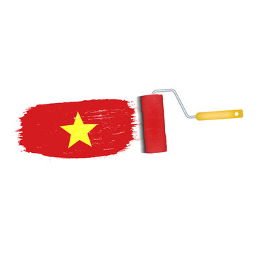 Brush Stroke With Vietnam National Flag Isolated On A White Background. Vector Illustration. National Flag In Grungy Style. Brushstroke. Use For Brochures, Printed Materials, Logos, Independence Day