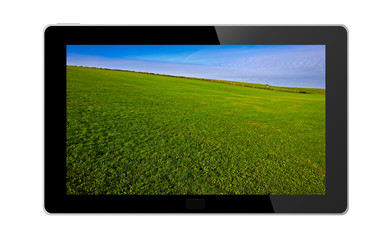 Tablet Computer with green landscape Isolated on white.