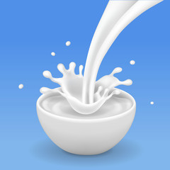 Milk flowing with splash in white bowl Natural dairy products realistic illustration