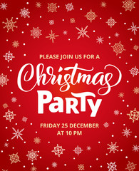 Fototapeta na wymiar Christmas party poster template, vector illustration. Hand written lettering, typography. Background with falling snowflakes