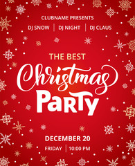 Christmas party poster template, vector illustration. Hand written lettering, typography. Background with falling snowflakes