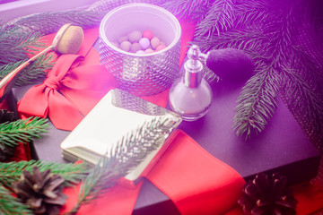 Highlighter pearl and pink color for face and shining powder, makeup brushes. Fashionable glitter make up. Make up for christmas or new year party