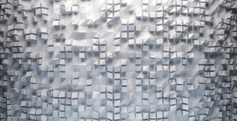 White mosaic, squares and triangles at different depths. 3d Rendering.