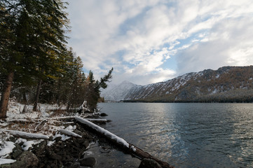 mountain lake at sunset in Altay in the winter