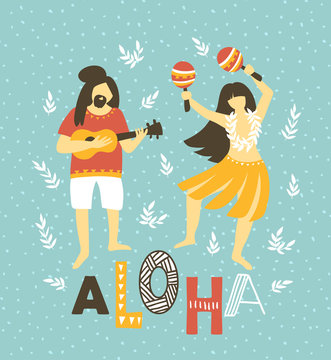 Vector hawaii  illustration. Summer background with dancing girls and men playing ukulele. Bright ethnic design.