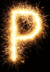 Sparkler firework light alphabet P isolated on black