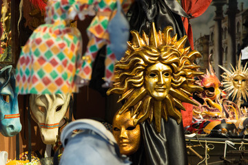 Venetian mask Italy. Venetian carnival masks, souvenir shop on a street of Venice, Veneto, Italy. Venetian masks in store display in Venice. Decorative Venetian carnival mask.