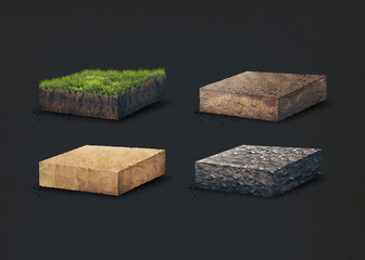 Warstwy gleby Cztery warstwy gleby o przekroju poprzecznym. 3D ilustracja odizolowywająca na ciemnym tle - 179106167