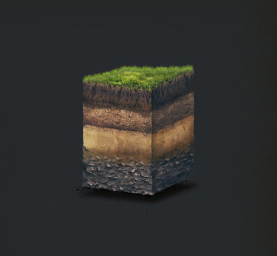 Soil layers. Cross section soil layers. 3D illustration isolated on dark background