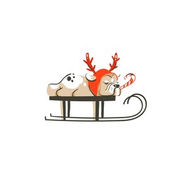 Hand drawn vector abstract fun Merry Christmas time cartoon illustration icon with french bulldog in deer costume on sleigh isolated on white background