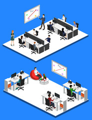 Isometric 3D vector illustration Interior of department office with workplaces