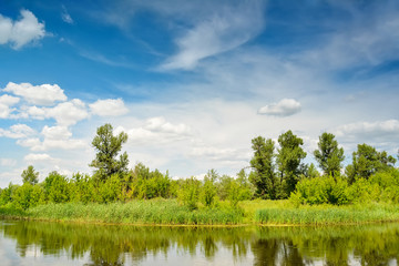 Beautiful sky with clouds and a river, surrounded by green trees.