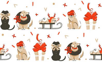 Hand drawn vector abstract fun Merry Christmas time cartoon illustration seamless pattern with many pet dogs isolated on white background