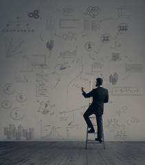 Businessman standing on stepladder.  Schematic background. Business and office, concept.