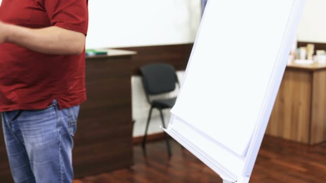 Handsome young businessman pointing at flip chart during presentation in conference room