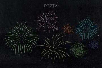 Obraz premium fireworks in different shapes and colors with caption