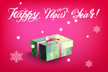 Card with gift box and letting Happy New Year. Bright red background and snowflakes. Vector illustration.