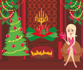 beautiful blonde in home on Christmas eve