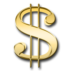 Stock Illustration - Golden US dollar Sign, Isolated against the White Background, 3D.