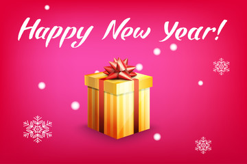 Card with gift box and letting Happy New Year. Bright red background and snowflakes. Vector illustration