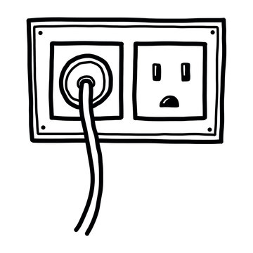 plug and electric socket / cartoon vector and illustration, black and white, hand drawn, sketch style, isolated on white background.