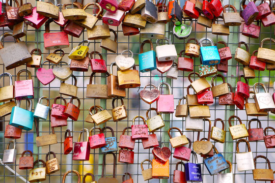 Large Group Of Love Padlocks On A Bridge