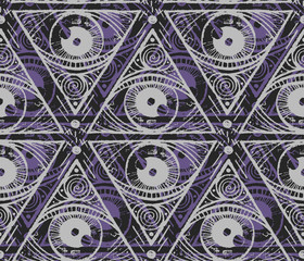 Seamless texture. Magic repeating background. Tile pattern with pyramid with eye. Gray and violet triangles. Dark theme.