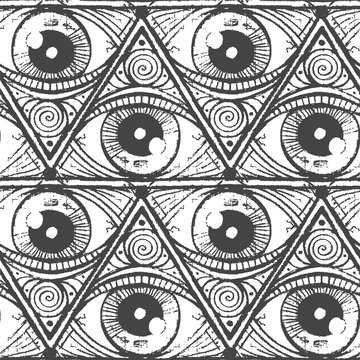 Seamless texture. Magic repeating background. Tile pattern with pyramid with eye. Gray triangles.