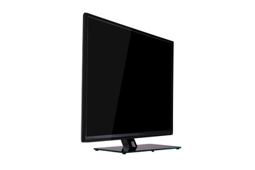 modern slim plasma TV on black glass stand isolated on a white background