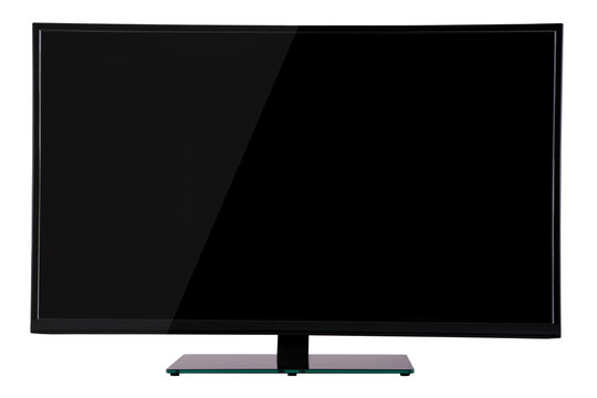 modern slim plasma TV on black glass stand isolated on a white background