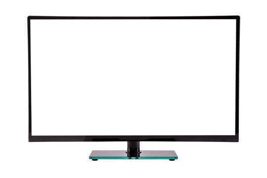 modern slim plasma TV on black glass stand isolated on a white background, is deployed to the viewer
