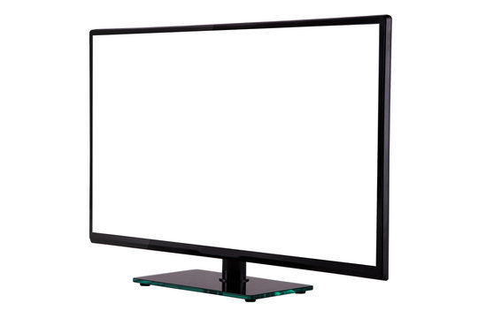 modern thin plasma LCD TV on a black glass stand isolated on a white background