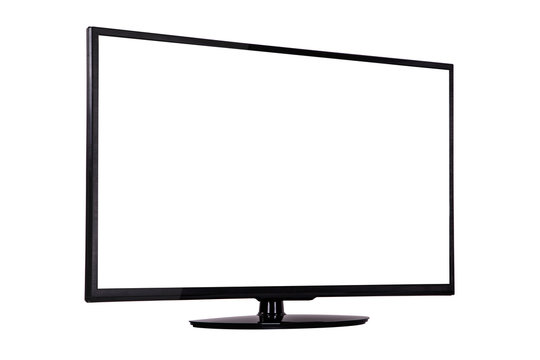modern slim plasma TV on a black stand isolated on a white background