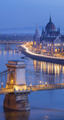 Fototapeta na wymiar Vertical panorama of blue morning in Budapest in Hungary