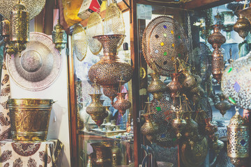 Traditional iranian market (Bazaar) metal souvenires.