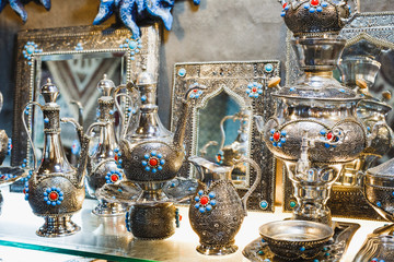 Traditional iranian market (Bazaar) metal souvenires.