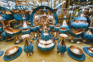 Fototapeta na wymiar Traditional iranian market (Bazaar) metal souvenires.