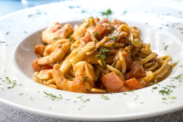 Pasta with Shrimp Dinner Dish on a the table
