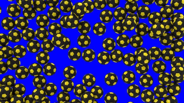 Animated a lot of simple soccer balls with plain yellow and black material falling and tumbling filling up container against blue background. Top view shot.