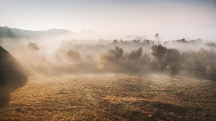 Mountain valley with early morning fog in autumn. © djoronimo