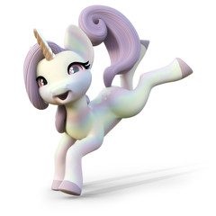 Cute toon fantasy unicorn jumping on an isolated white background. 3d rendering © Digital Storm