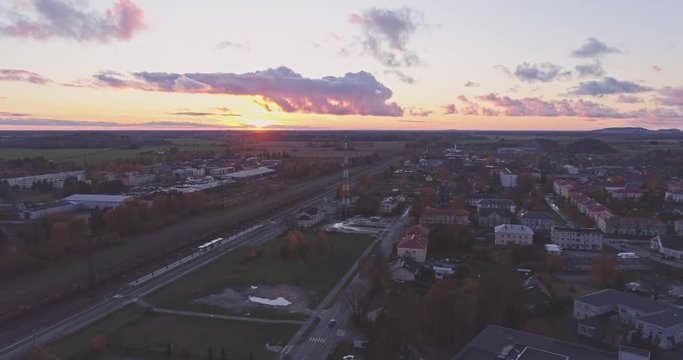Aerial footage of traffic, cars and buses on the bridge, Jõhvi, Estonia.
