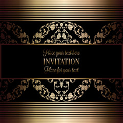 Abstract background with antique, luxury black and gold vintage frame, victorian banner, damask floral wallpaper ornaments, invitation card, baroque style booklet, fashion pattern, template for design