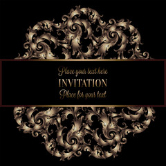 Vintage gold invitation or wedding card on black background, divider, header, ornamental lacy vector frame
