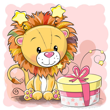 Greeting card cute Lion with gift