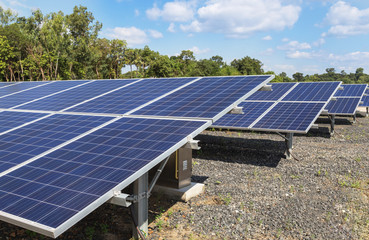 Rows of array of  polycrystalline silicon solar cells in solar power plant turn up skyward absorb the sunlight from the sun use light energy to generate electricity on blue sky background